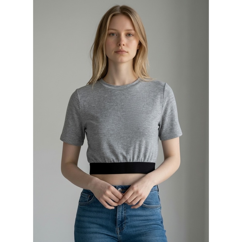 Choosy Grey Heathered Crop Top Black Elastic‎ Hem 1902TO12 Womens XS NWT